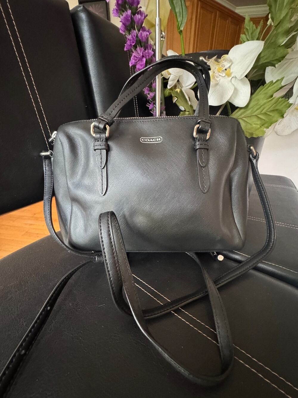 Coach Peyton Bennett Black Leather Zip Top Mini Satchel Style Bag (300